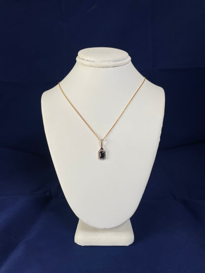 9ct Yellow Gold Emerald Cut Red Sapphire & Diamond Cluster Pendant Necklace