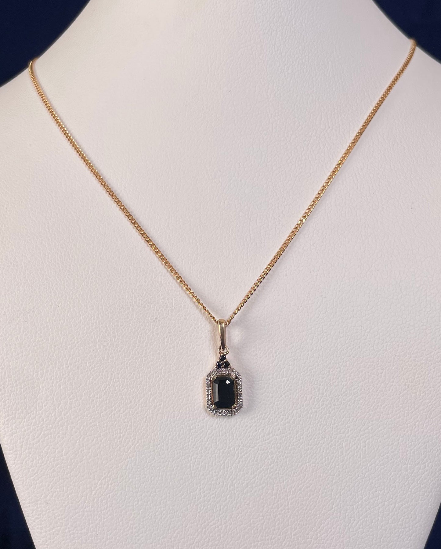 9ct Yellow Gold Emerald Cut Red Sapphire & Diamond Cluster Pendant Necklace