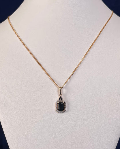 9ct Yellow Gold Emerald Cut Red Sapphire & Diamond Cluster Pendant Necklace