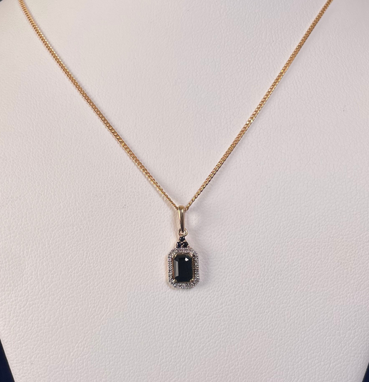 9ct Yellow Gold Emerald Cut Red Sapphire & Diamond Cluster Pendant Necklace