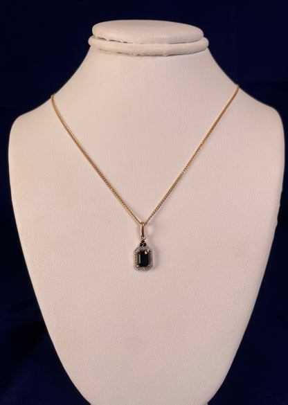 9ct Yellow Gold Emerald Cut Red Sapphire & Diamond Cluster Pendant Necklace