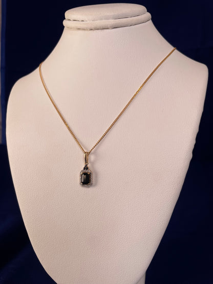 9ct Yellow Gold Emerald Cut Red Sapphire & Diamond Cluster Pendant Necklace