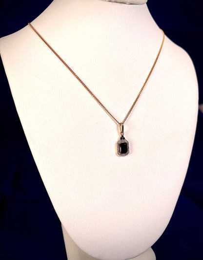 9ct Yellow Gold Emerald Cut Red Sapphire & Diamond Cluster Pendant Necklace