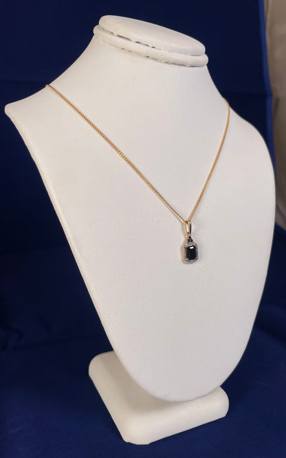 9ct Yellow Gold Emerald Cut Red Sapphire & Diamond Cluster Pendant Necklace