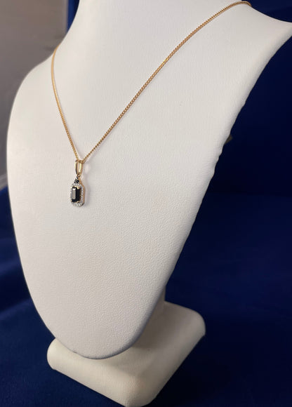 9ct Yellow Gold Emerald Cut Red Sapphire & Diamond Cluster Pendant Necklace