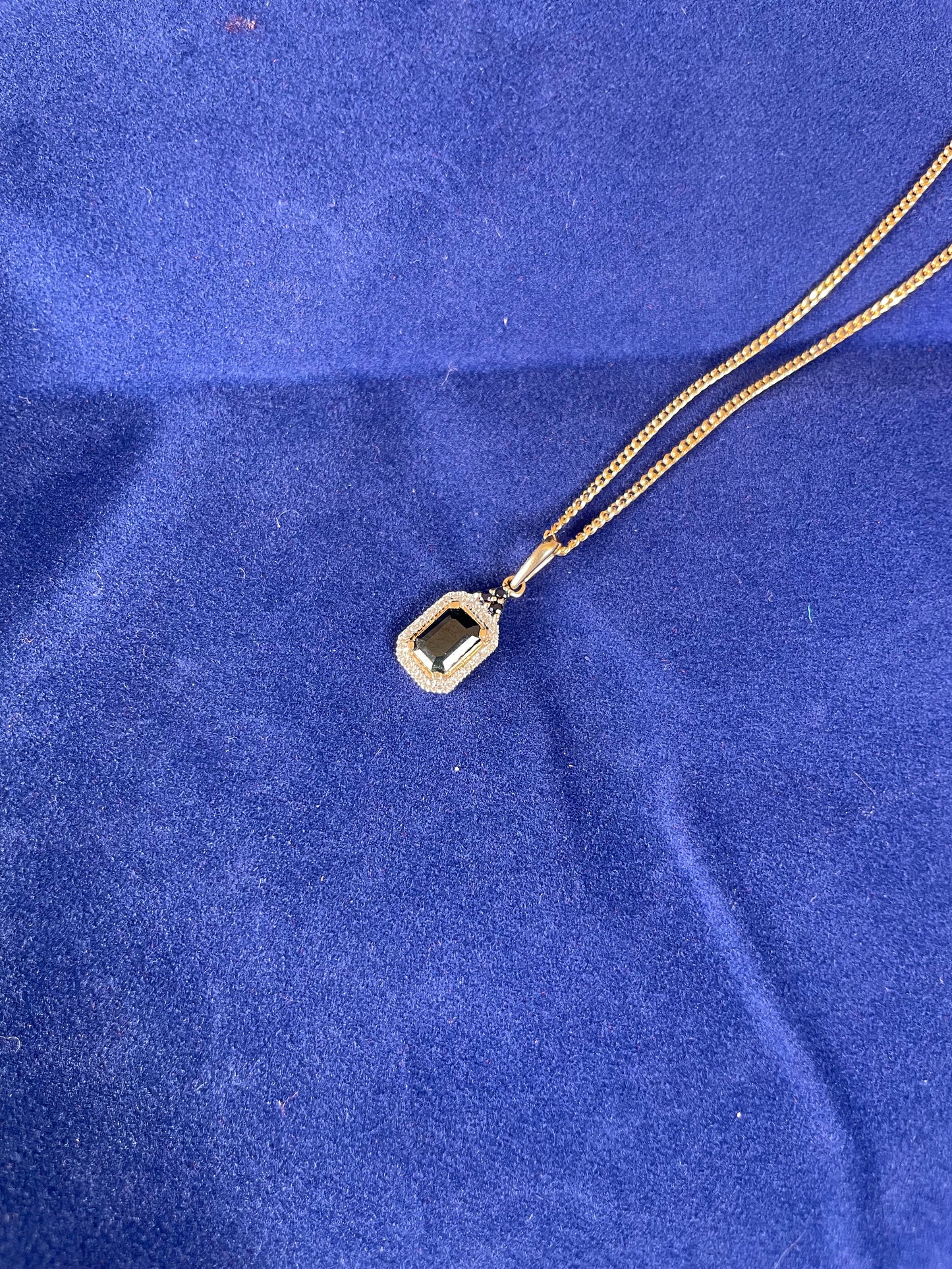 9ct Yellow Gold Emerald Cut Red Sapphire & Diamond Cluster Pendant Necklace