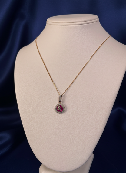 9ct Yellow Gold Cartwheel Design Diamonds & Five Rubies Pendant Necklace