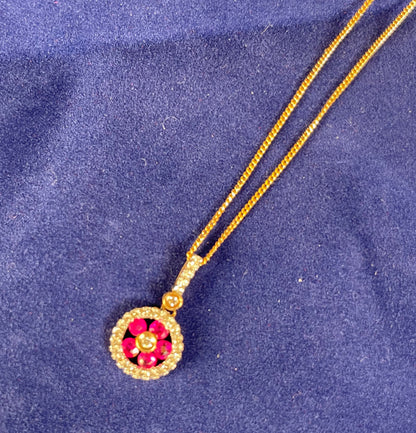 9ct Yellow Gold Cartwheel Design Diamonds & Five Rubies Pendant Necklace