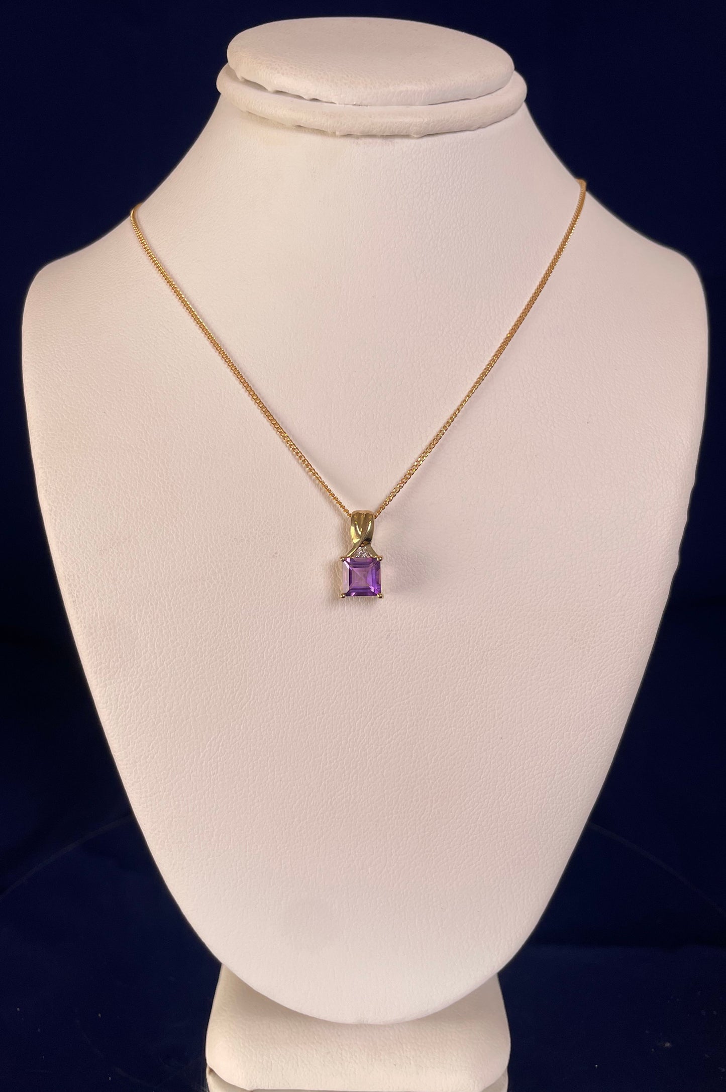 9ct Yellow Gold Square Amethyst with Diamond Chip Pendant Necklace