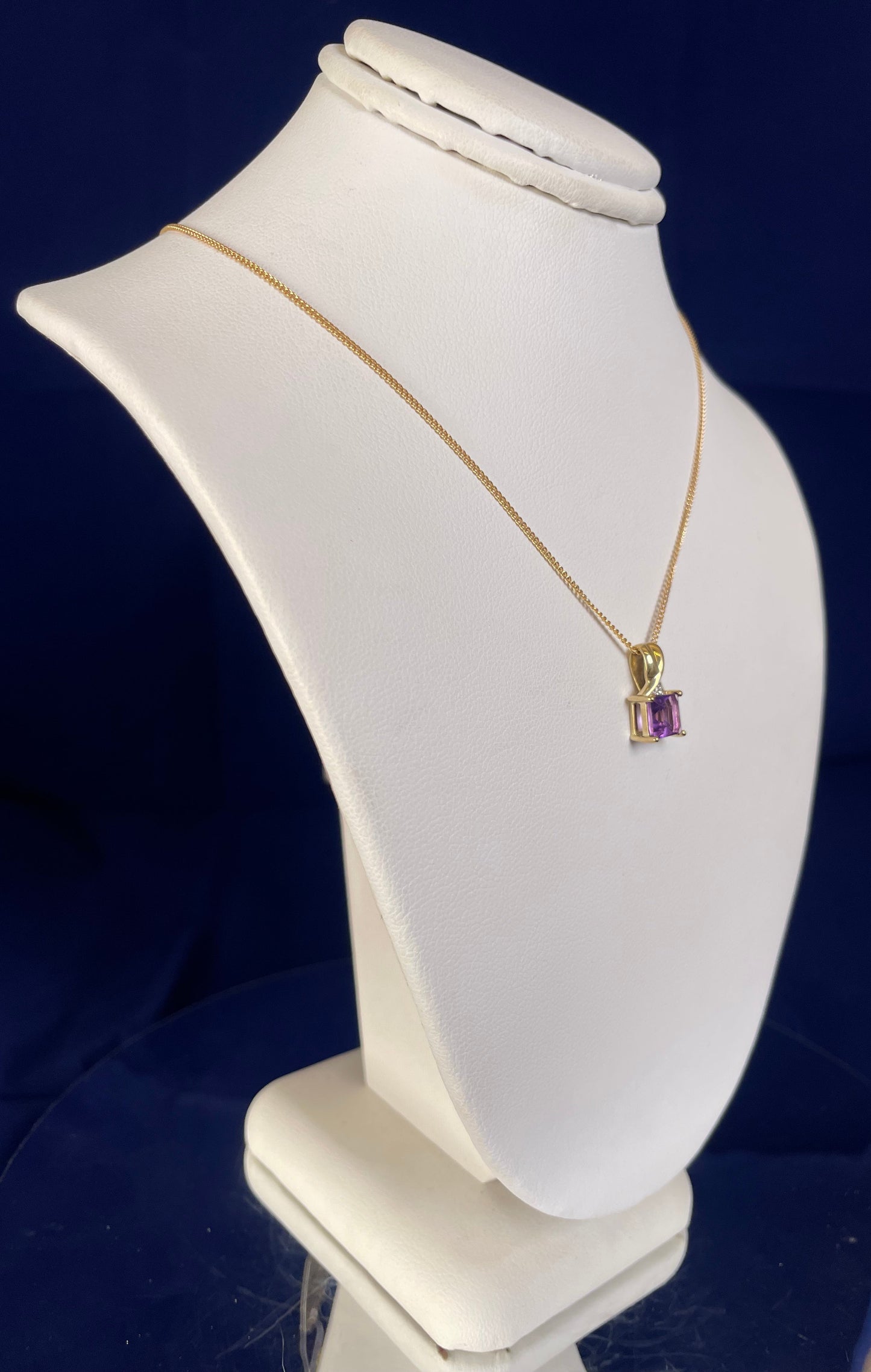 9ct Yellow Gold Square Amethyst with Diamond Chip Pendant Necklace