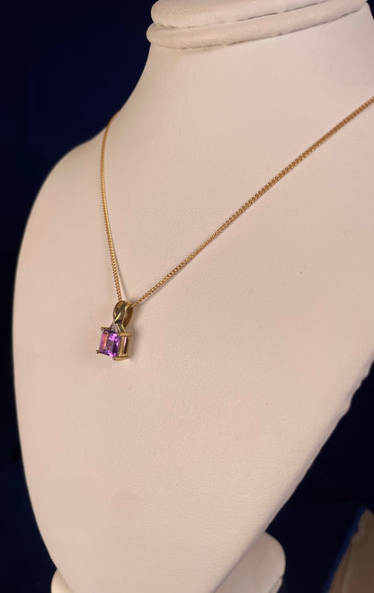 9ct Yellow Gold Square Amethyst with Diamond Chip Pendant Necklace