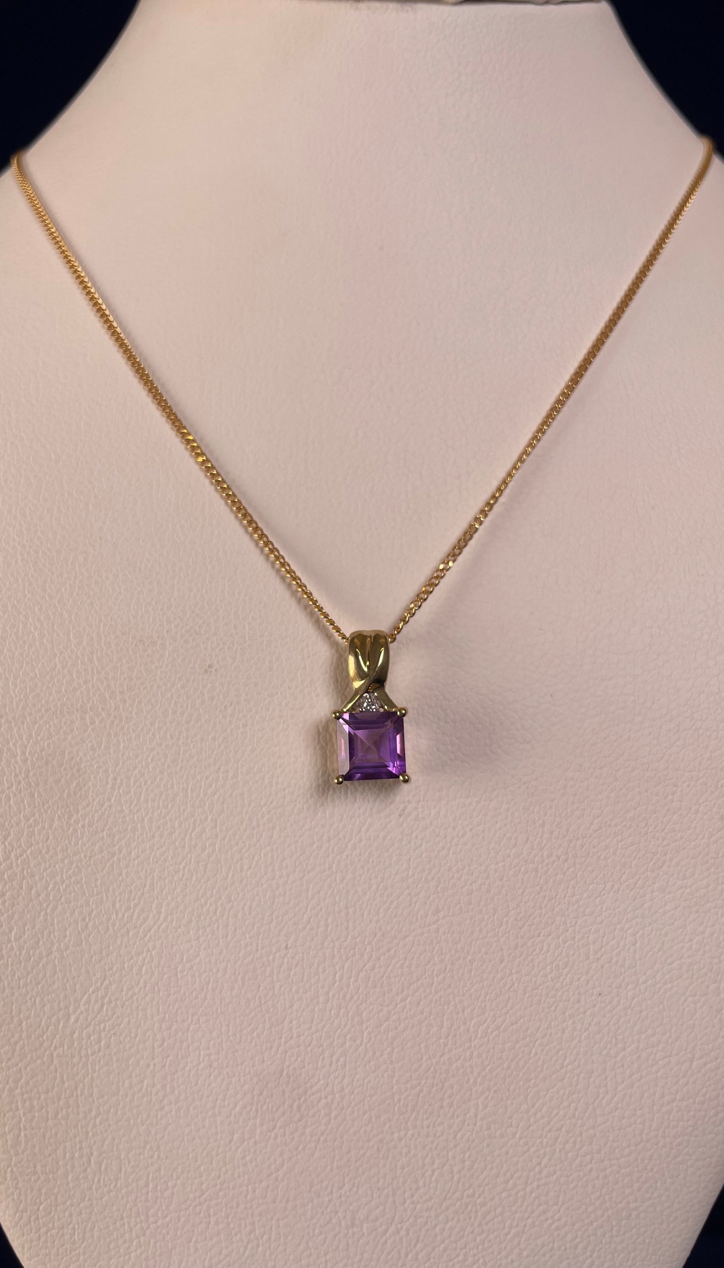 9ct Yellow Gold Square Amethyst with Diamond Chip Pendant Necklace