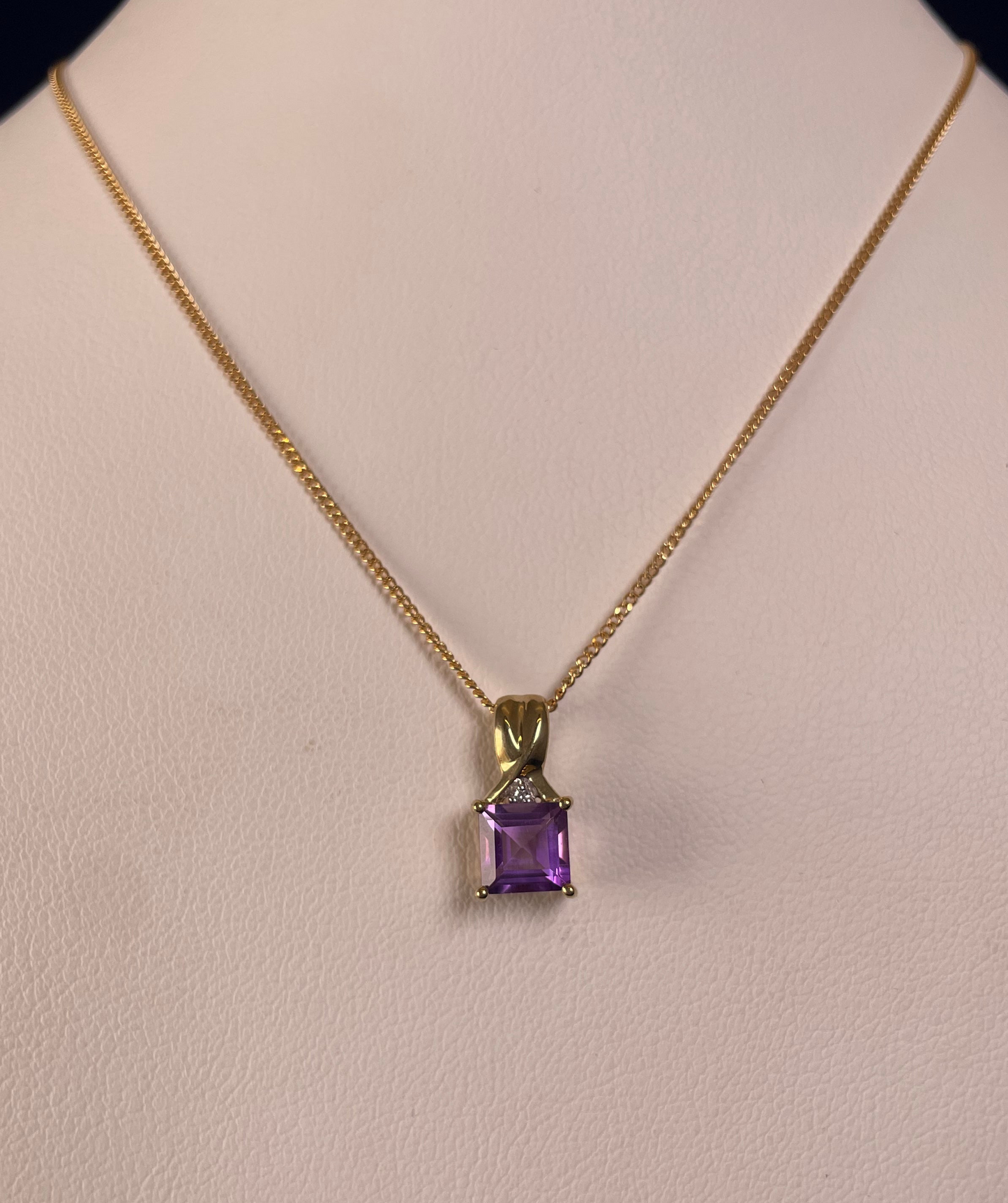 9ct Yellow Gold Square Amethyst with Diamond Chip Pendant Necklace