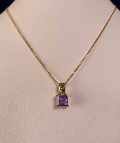 9ct Yellow Gold Square Amethyst with Diamond Chip Pendant Necklace