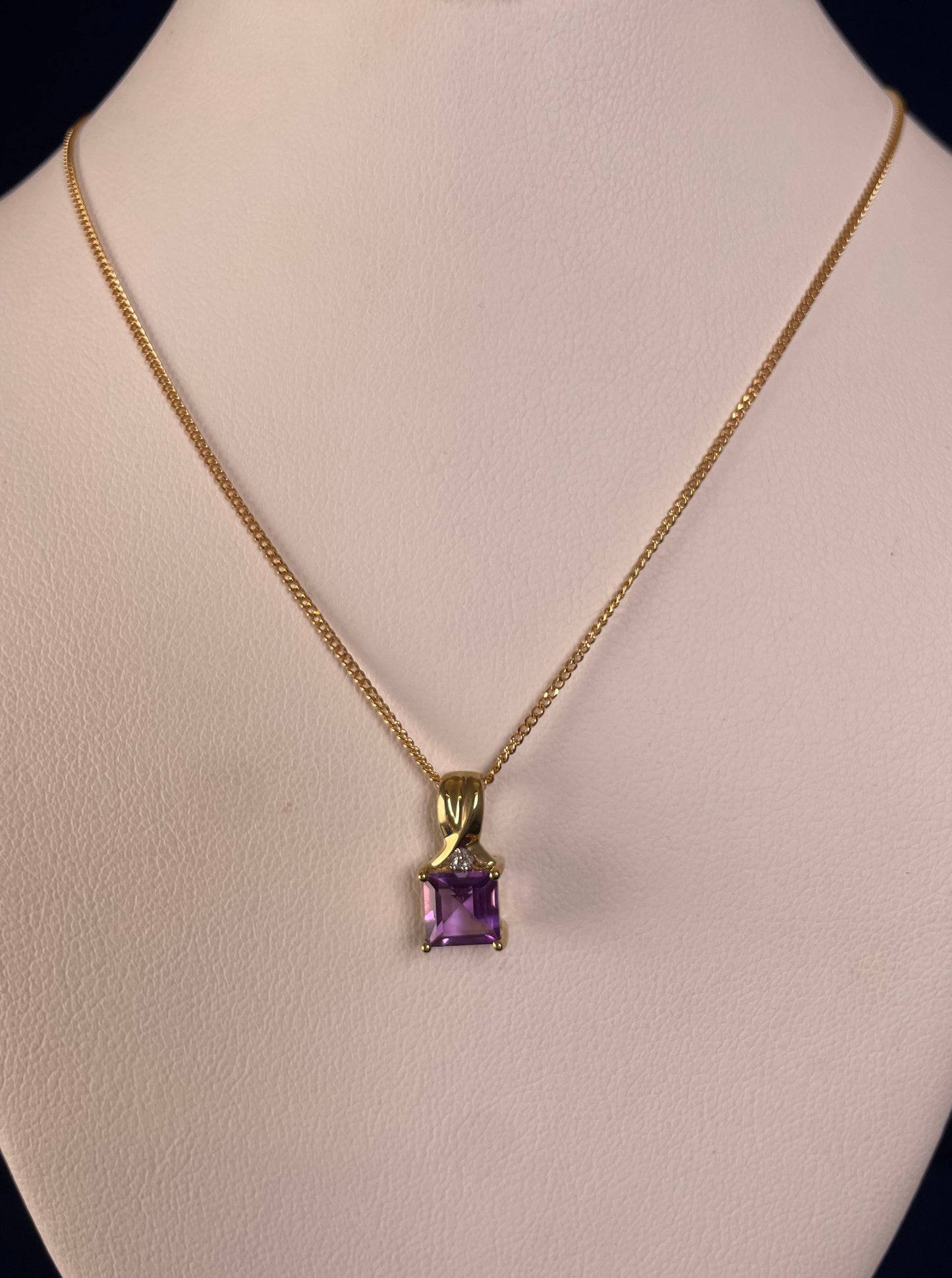 9ct Yellow Gold Square Amethyst with Diamond Chip Pendant Necklace