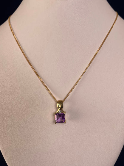 9ct Yellow Gold Square Amethyst with Diamond Chip Pendant Necklace