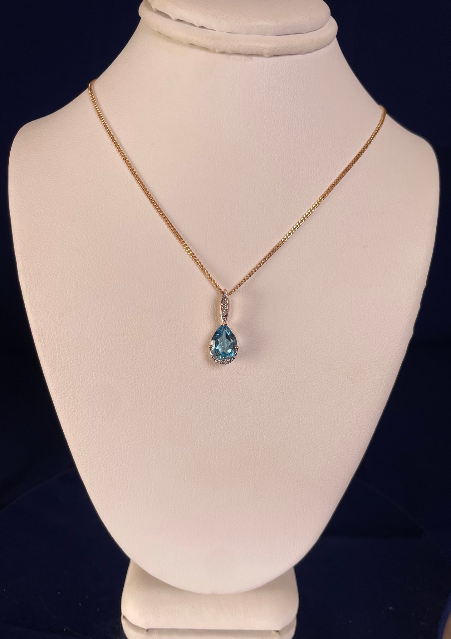 9ct Yellow Gold Pear Shape Blue Topaz & Diamond Pendant Necklace