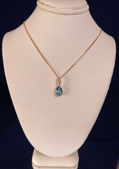9ct Yellow Gold Pear Shape Blue Topaz & Diamond Pendant Necklace