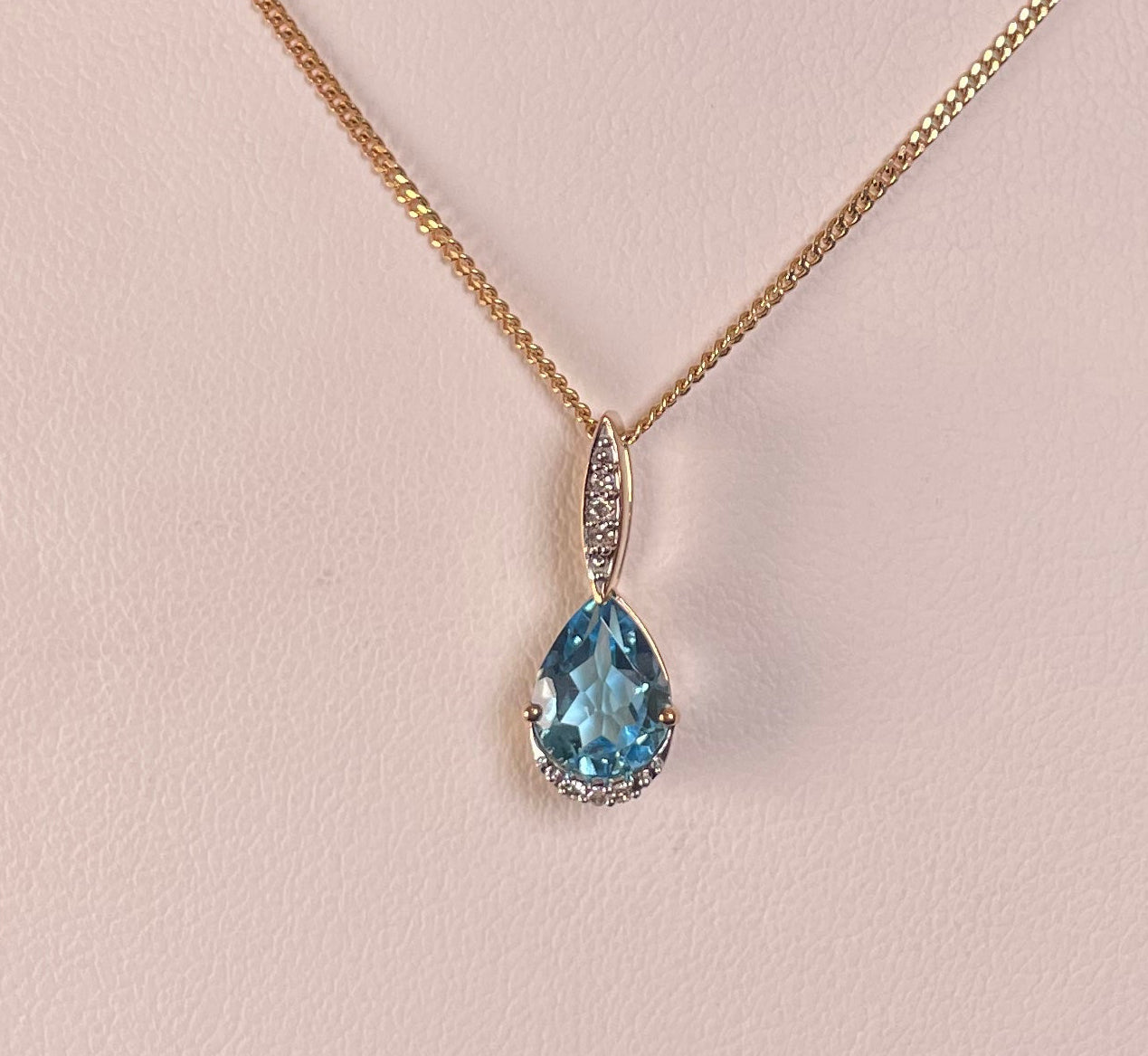 9ct Yellow Gold Pear Shape Blue Topaz & Diamond Pendant Necklace
