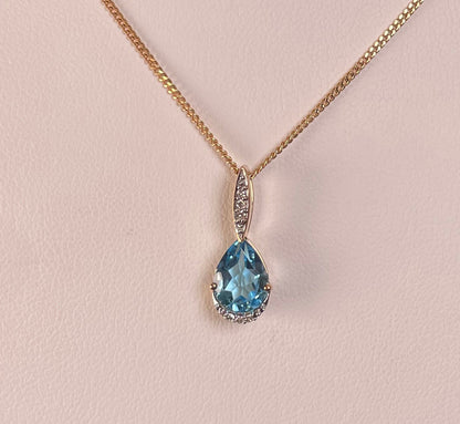 9ct Yellow Gold Pear Shape Blue Topaz & Diamond Pendant Necklace