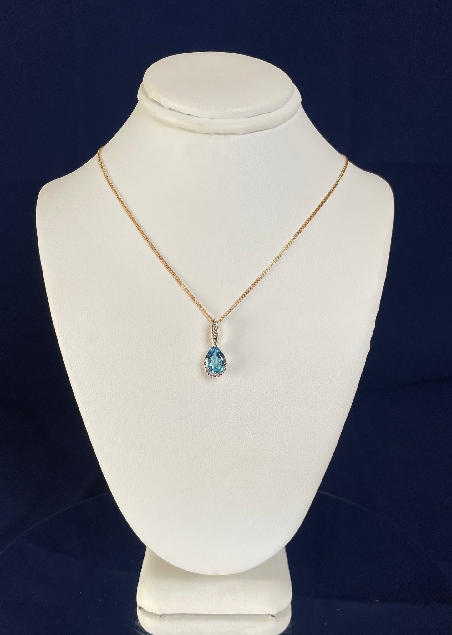 9ct Yellow Gold Pear Shape Blue Topaz & Diamond Pendant Necklace