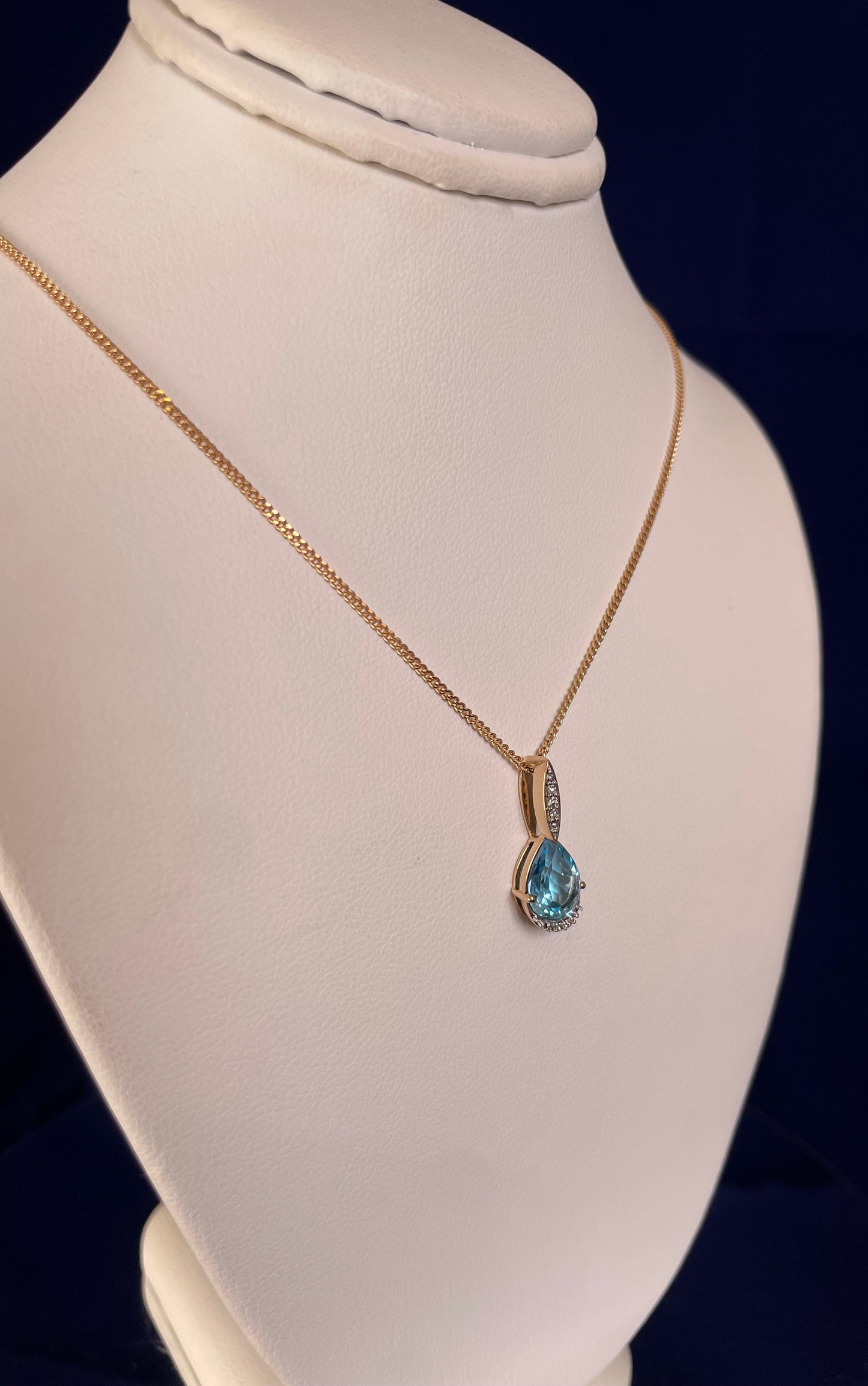 9ct Yellow Gold Pear Shape Blue Topaz & Diamond Pendant Necklace