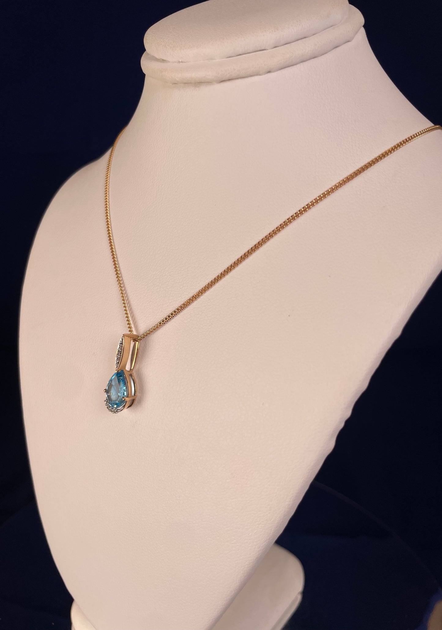9ct Yellow Gold Pear Shape Blue Topaz & Diamond Pendant Necklace