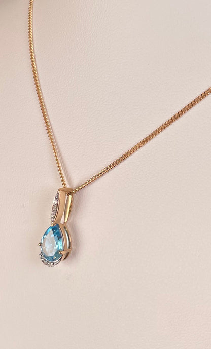 9ct Yellow Gold Pear Shape Blue Topaz & Diamond Pendant Necklace