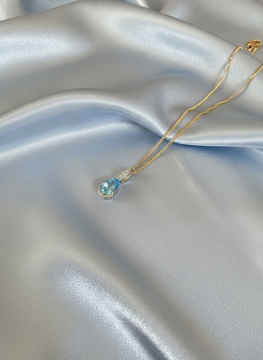 9ct Yellow Gold Pear Shape Blue Topaz & Diamond Pendant Necklace