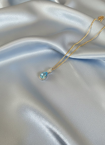 9ct Yellow Gold Pear Shape Blue Topaz & Diamond Pendant Necklace