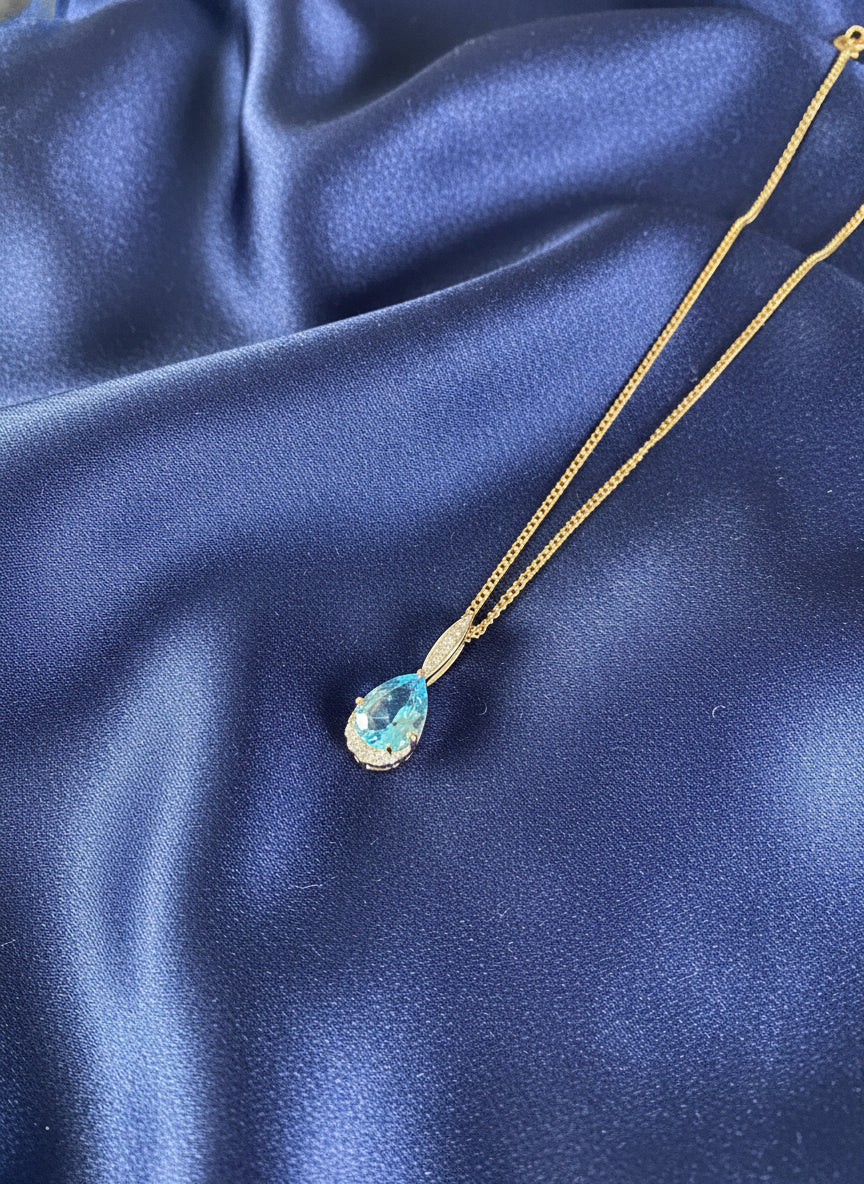 9ct Yellow Gold Pear Shape Blue Topaz & Diamond Pendant Necklace