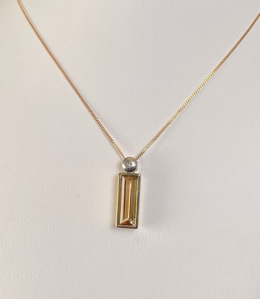 9ct Yellow Gold Baguette Citrine & White Gold Bale with One Diamond Pendant Necklace