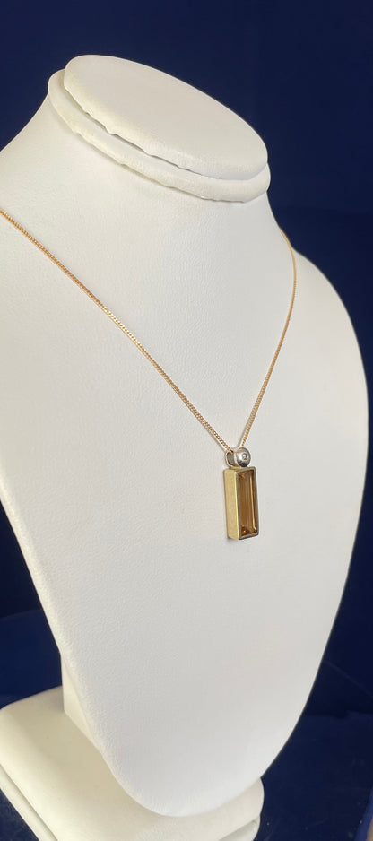 9ct Yellow Gold Baguette Citrine & White Gold Bale with One Diamond Pendant Necklace