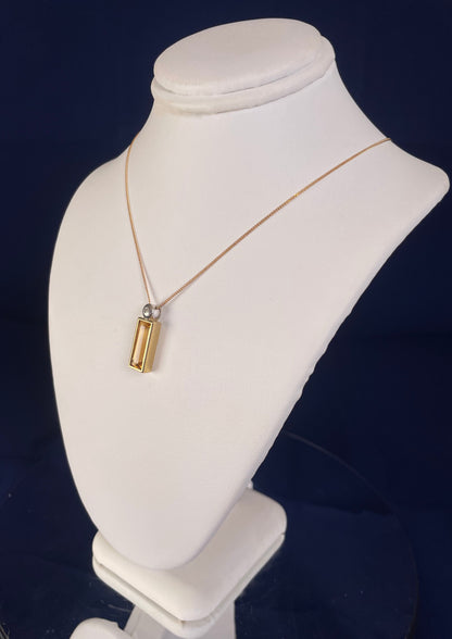 9ct Yellow Gold Baguette Citrine & White Gold Bale with One Diamond Pendant Necklace