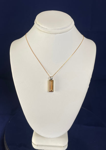 9ct Yellow Gold Baguette Citrine & White Gold Bale with One Diamond Pendant Necklace