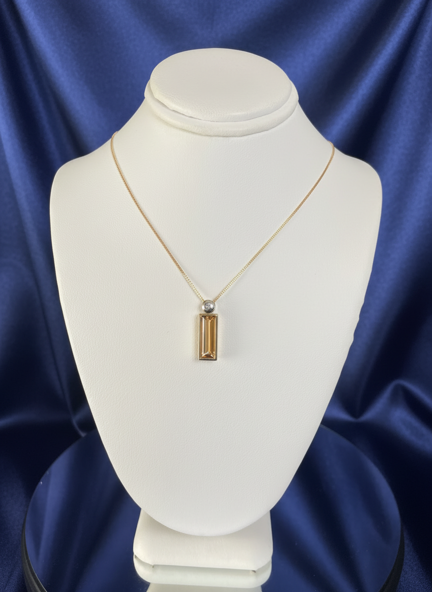 9ct Yellow Gold Baguette Citrine & White Gold Bale with One Diamond Pendant Necklace