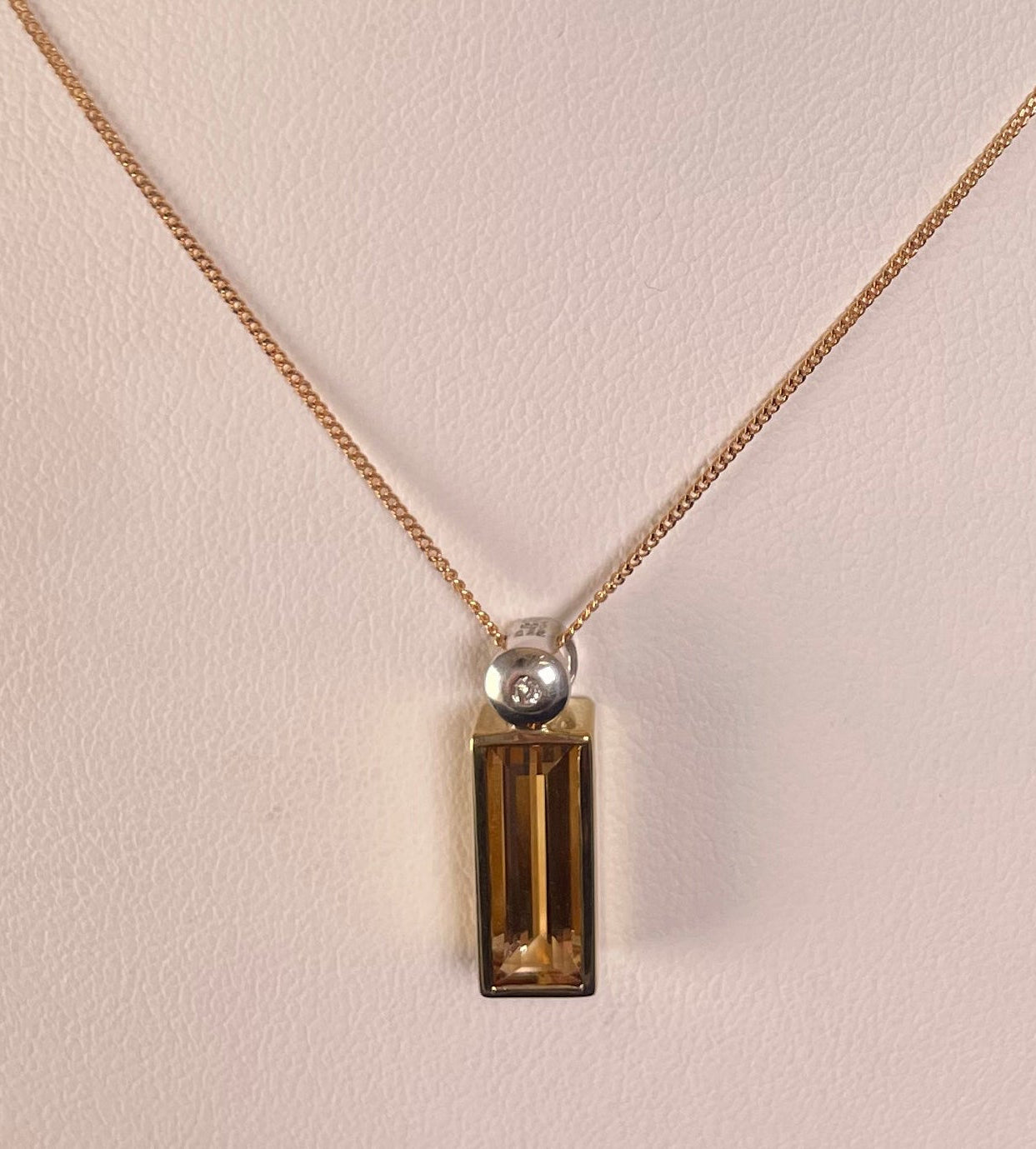 9ct Yellow Gold Baguette Citrine & White Gold Bale with One Diamond Pendant Necklace