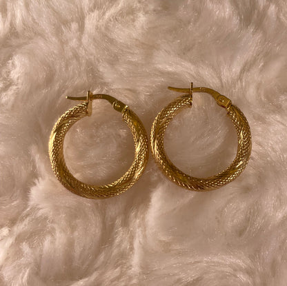 9ct Yellow Gold Patterned Matte Finish Hoop Earrings