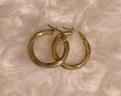 9ct Yellow Gold Patterned Matte Finish Hoop Earrings