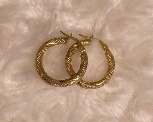 9ct Yellow Gold Patterned Matte Finish Hoop Earrings