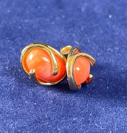 9ct Yellow Gold Oval Cabochon Coral Stud Earring