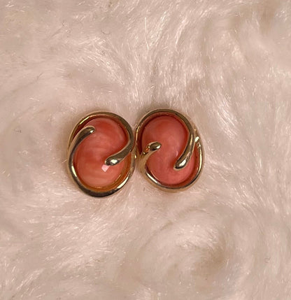 9ct Yellow Gold Oval Cabochon Coral Stud Earring