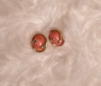 9ct Yellow Gold Oval Cabochon Coral Stud Earring
