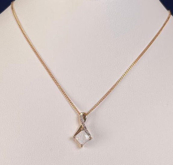 9ct Yellow Gold Square White Opal with Crossover Diamond Bale Pendant Necklace
