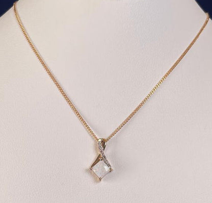 9ct Yellow Gold Square White Opal with Crossover Diamond Bale Pendant Necklace