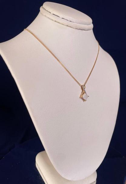 9ct Yellow Gold Square White Opal with Crossover Diamond Bale Pendant Necklace