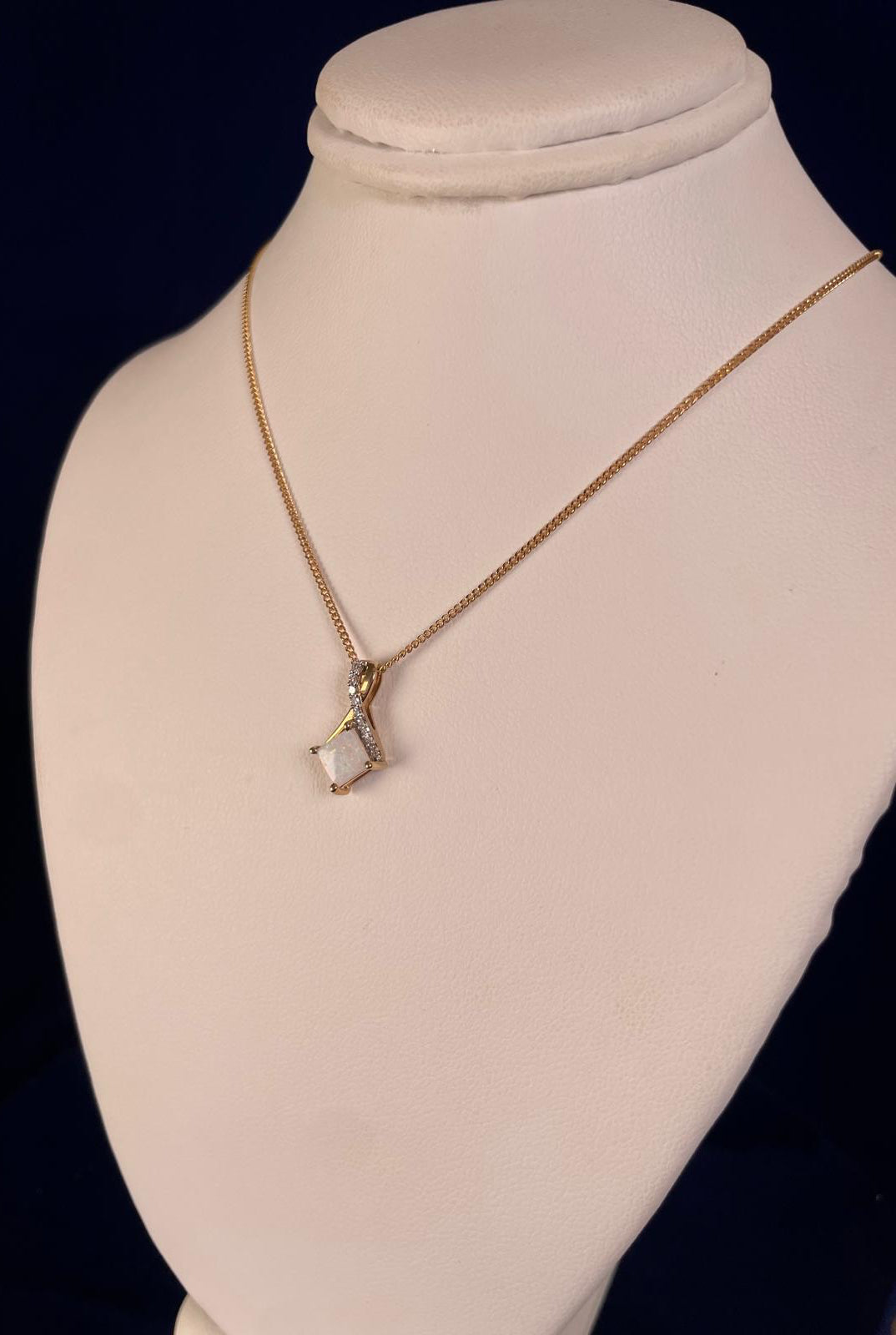 9ct Yellow Gold Square White Opal with Crossover Diamond Bale Pendant Necklace