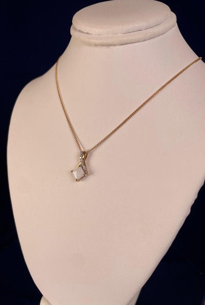 9ct Yellow Gold Square White Opal with Crossover Diamond Bale Pendant Necklace