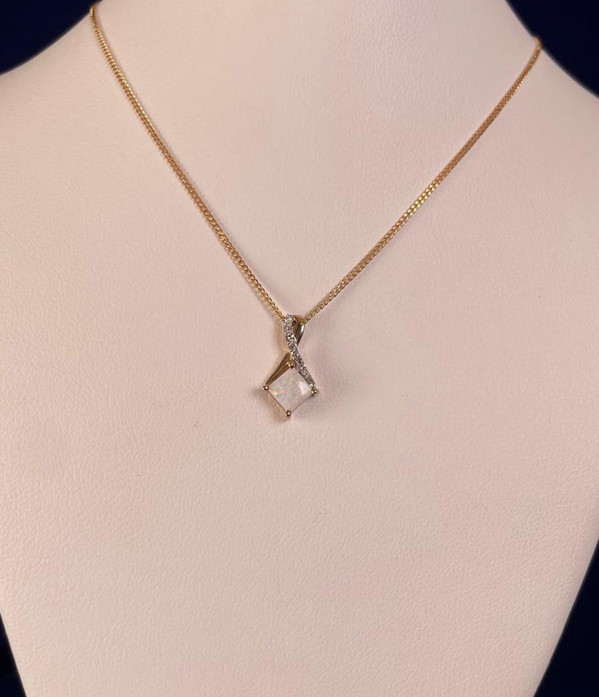 9ct Yellow Gold Square White Opal with Crossover Diamond Bale Pendant Necklace