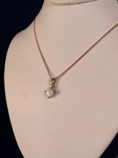 9ct Yellow Gold Square White Opal with Crossover Diamond Bale Pendant Necklace